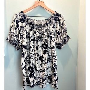 Lauren Ralph Lauren Boho Black and White Smocked Floral Short Sleeve Blouse